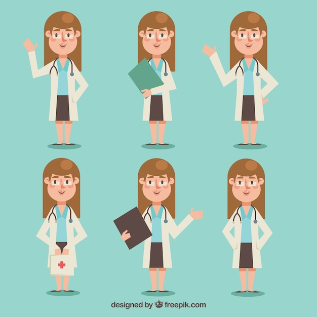 Colección con doctora en diferentes posturas con diseño plano