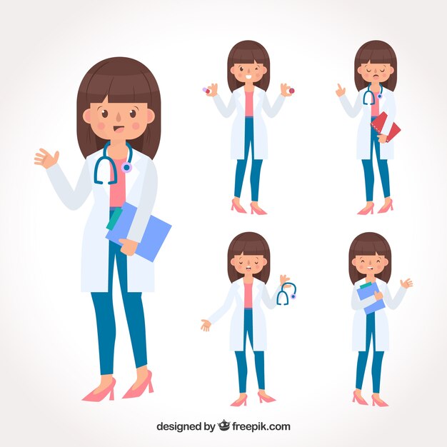 Colección con doctora sonriente con carpeta y estetoscopio
