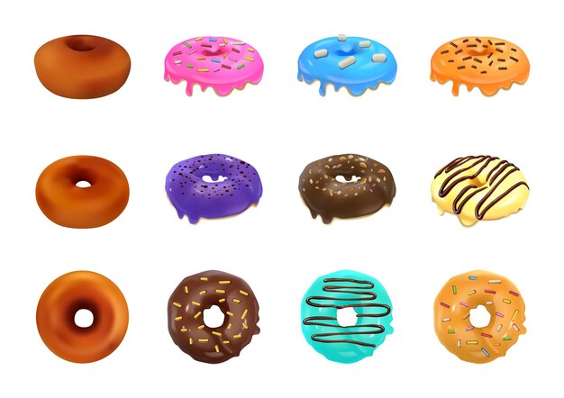 Colección de donuts de pasteles dulces glaseados de colores aislados sobre fondo blanco ilustración vectorial realista