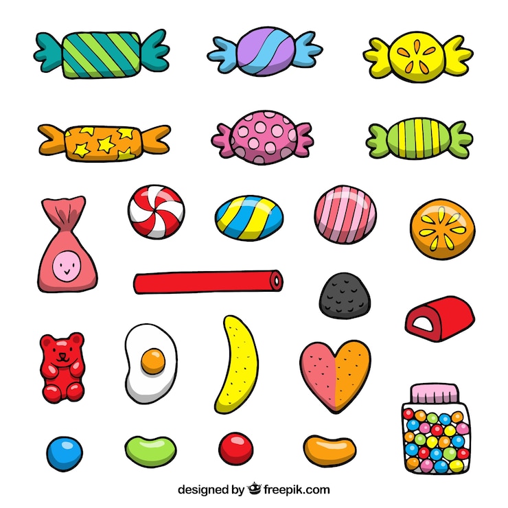 Vector gratuito colección de dulces coloridos en estilo hecho a mano