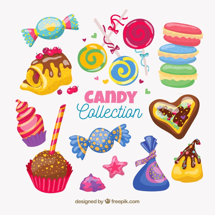 Vector gratuito colección de dulces coloridos en estilo hecho a mano