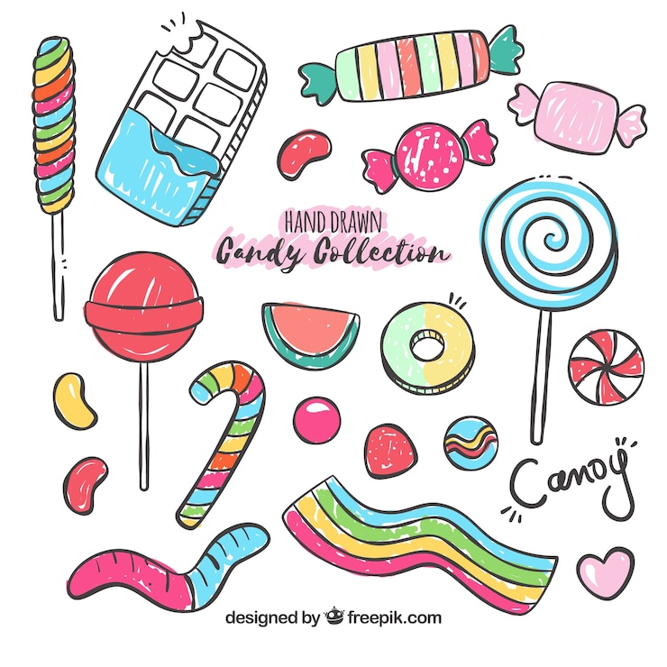 Vector gratuito colección de dulces coloridos en estilo hecho a mano