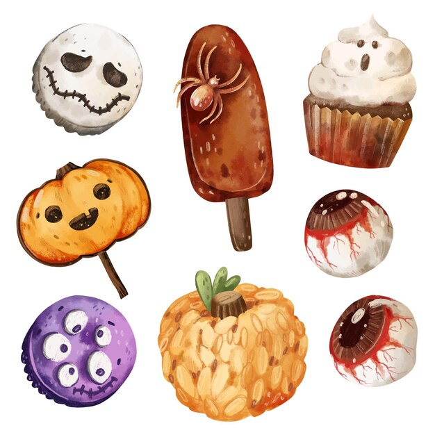 Colección de dulces de halloween en acuarela