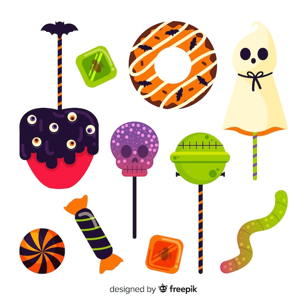 Vector gratuito colección de dulces de halloween dibujados a mano sobre superficie blanca