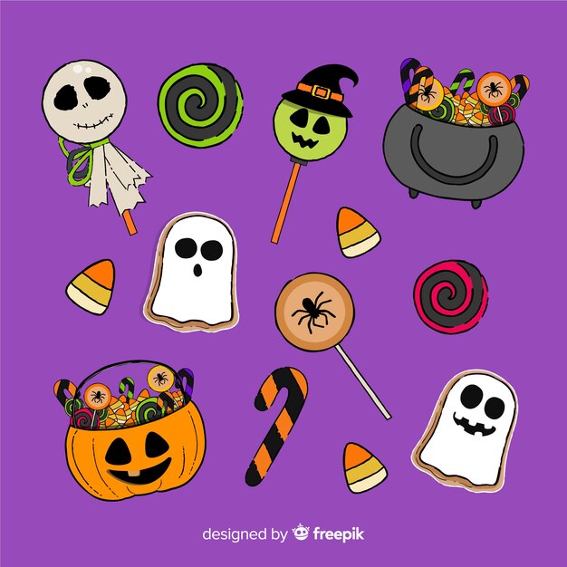 Colección de dulces de halloween dibujados a mano