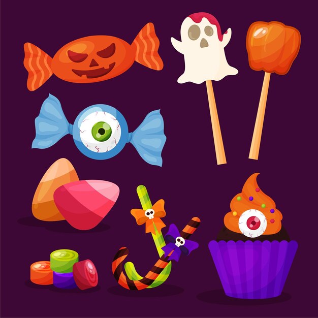 Colección de dulces de halloween dibujados a mano