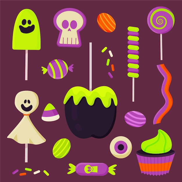 Colección de dulces de halloween dibujados a mano