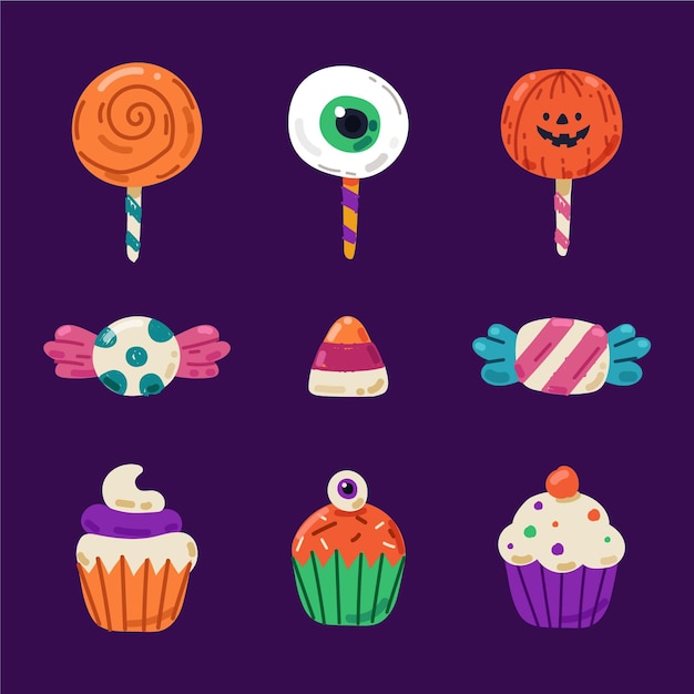 Colección de dulces de halloween dibujados a mano