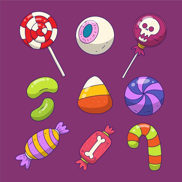 Colección de dulces de halloween dibujados a mano