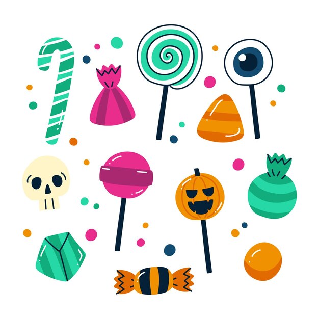 Colección de dulces de halloween dibujados a mano