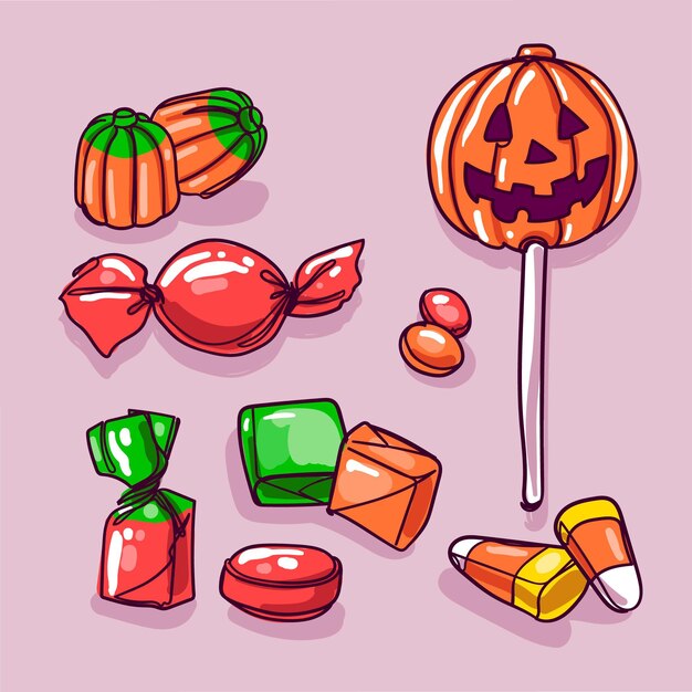 Colección de dulces de halloween dibujados a mano