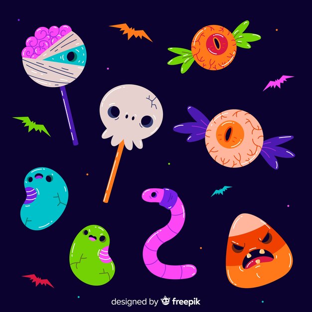 Colección de dulces de halloween dibujados a mano