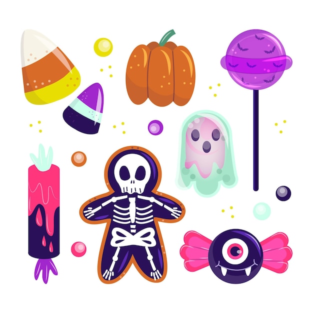 Colección de dulces de halloween planos dibujados a mano