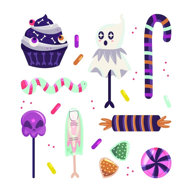 Vector gratuito colección de dulces de halloween planos dibujados a mano