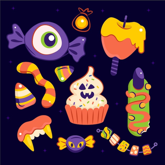Vector gratuito colección de dulces de halloween planos dibujados a mano