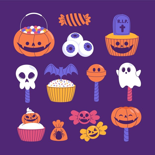 Colección de dulces de halloween planos dibujados a mano