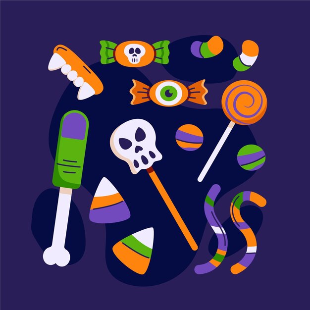 Colección de dulces de halloween planos dibujados a mano