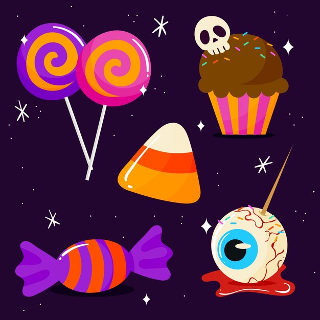 Colección de dulces de halloween planos dibujados a mano