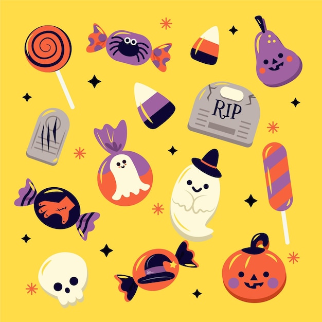 Colección de dulces de halloween planos dibujados a mano