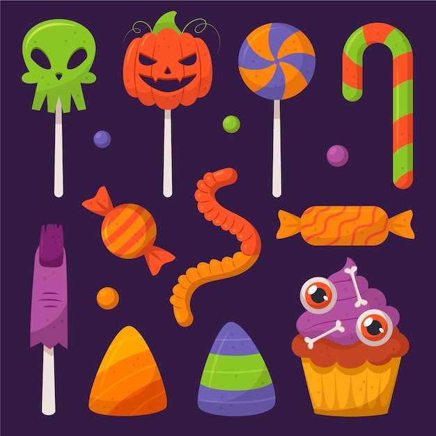 Colección de dulces de halloween planos dibujados a mano