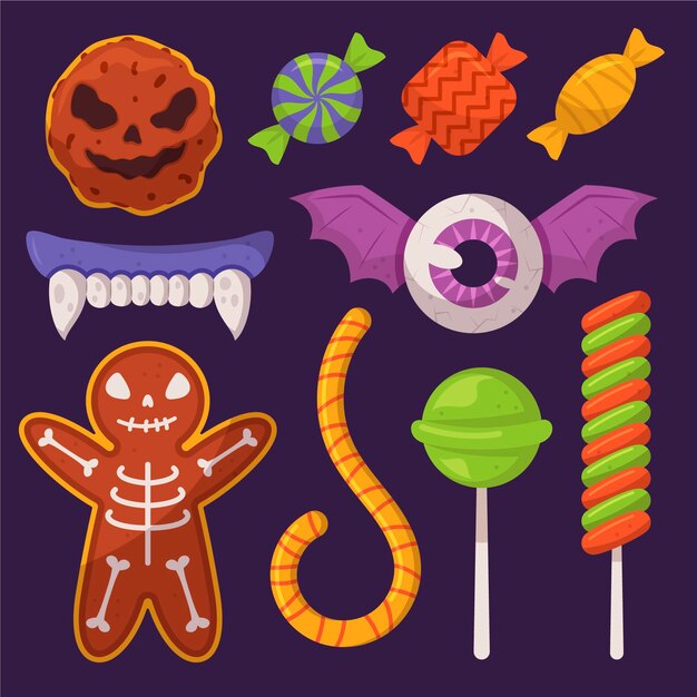 Colección de dulces de halloween planos dibujados a mano