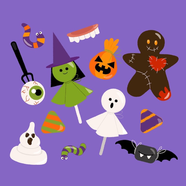 Colección de dulces de halloween planos dibujados a mano