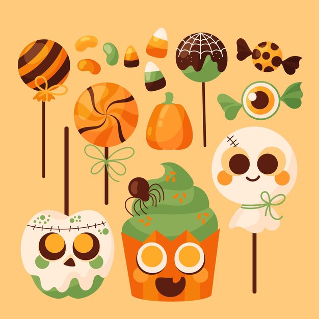 Colección de dulces de halloween planos dibujados a mano