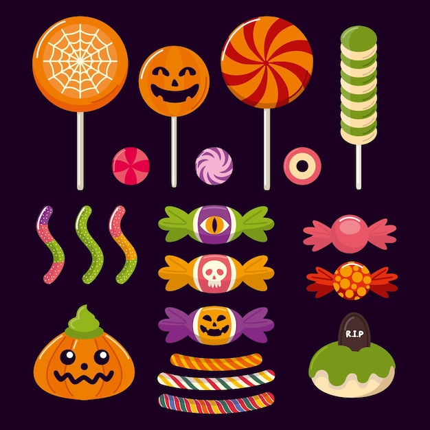 Colección de dulces de halloween planos dibujados a mano