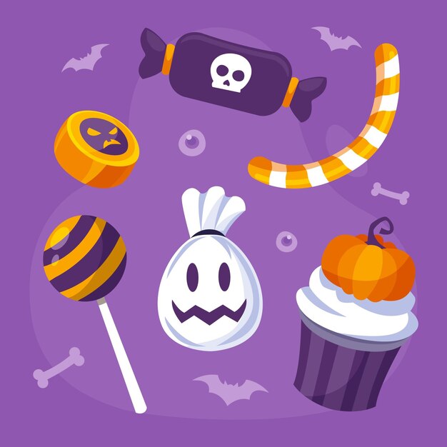 Colección de dulces de halloween planos dibujados a mano