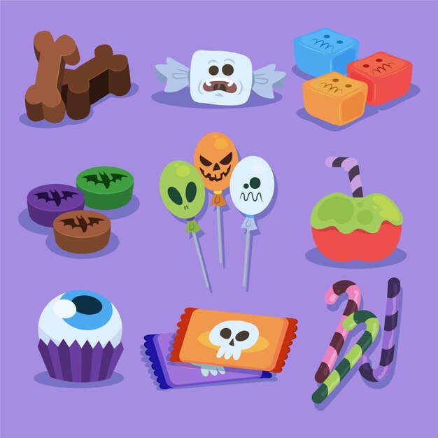 Colección de dulces de halloween planos dibujados a mano