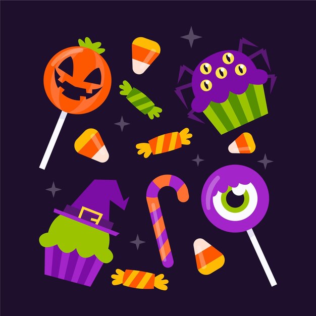 Colección de dulces de halloween planos dibujados a mano