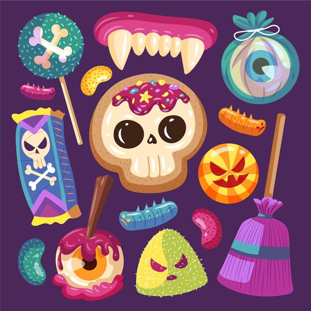 Colección de dulces de halloween planos dibujados a mano