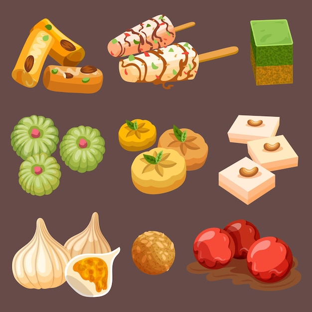 Colección de dulces indios dibujados