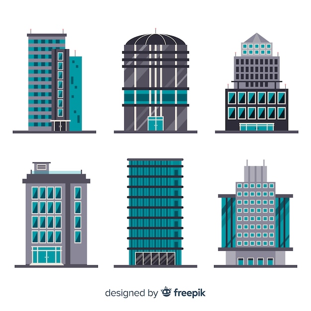 Vector gratuito colección de edificios de oficinas modernos con diseño plano