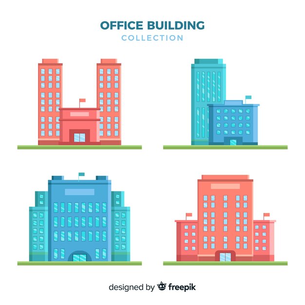Colección de edificios de oficinas modernos con diseño plano