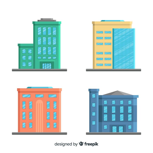 Colección de edificios de oficinas modernos con diseño plano