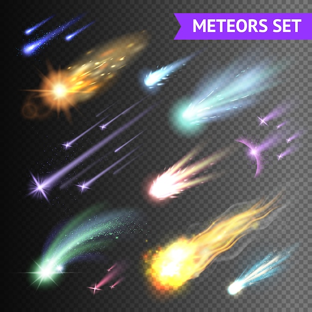 Vector gratuito colección de efectos de luz con meteoros cometas y bolas de fuego aisladas sobre fondo transparente