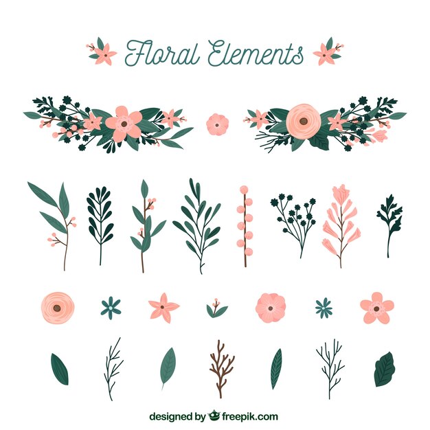 Colección elegante de elementos florales con diseño plano