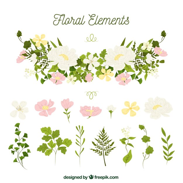 Colección elegante de elementos florales con diseño plano