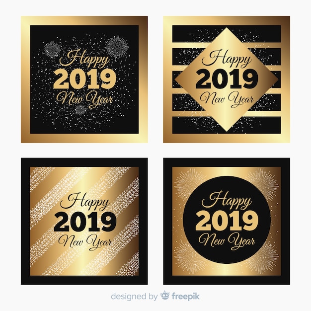 Vector gratuito colección elegante de tarjetas de año nuevo 2019 con estilo dorado