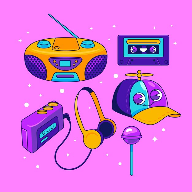 Colección de elementos de los 90 dibujados a mano.