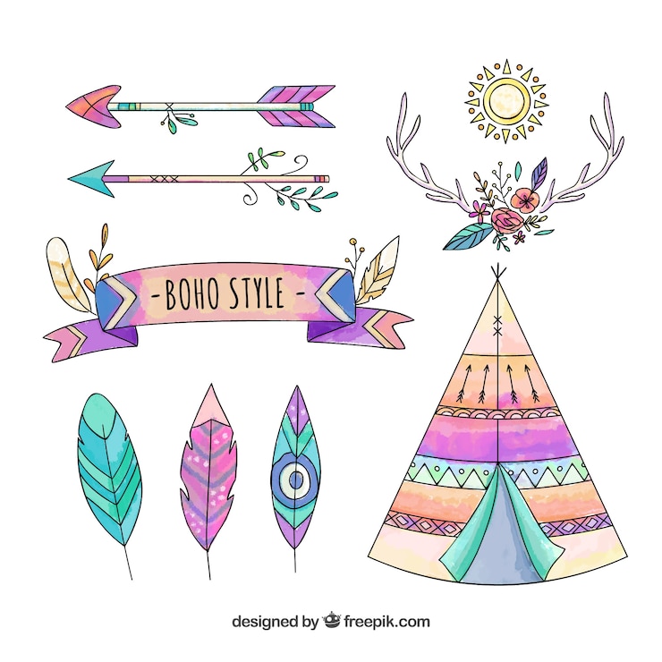 Vector gratuito colección de elementos de acuarela boho