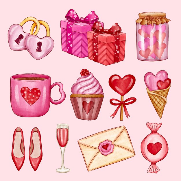 Colección de elementos de acuarela para la celebración del día de san valentín