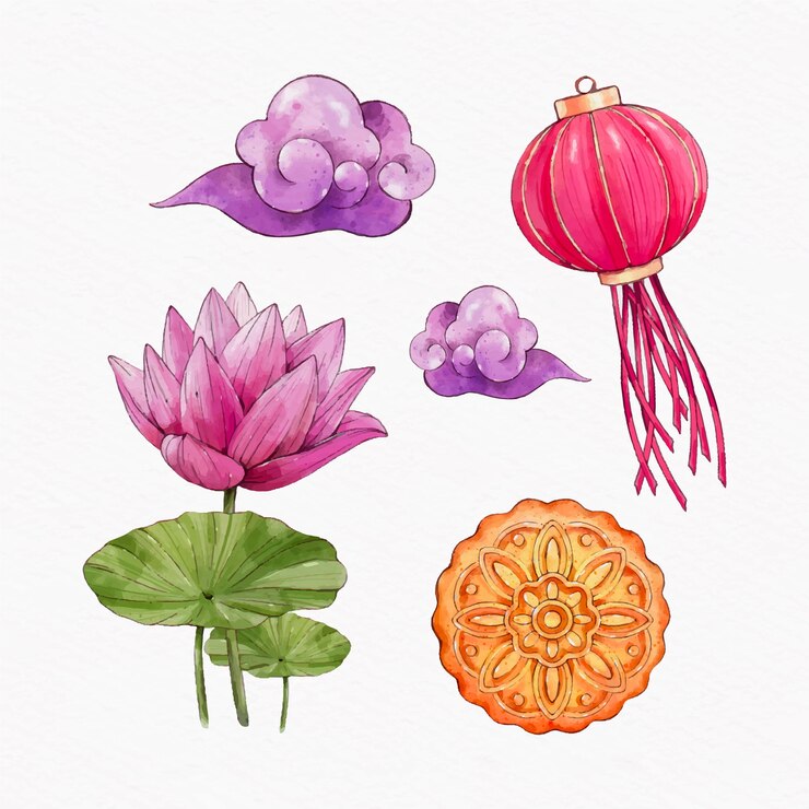 Vector gratuito colección de elementos de acuarela para la celebración del festival del medio otoño.