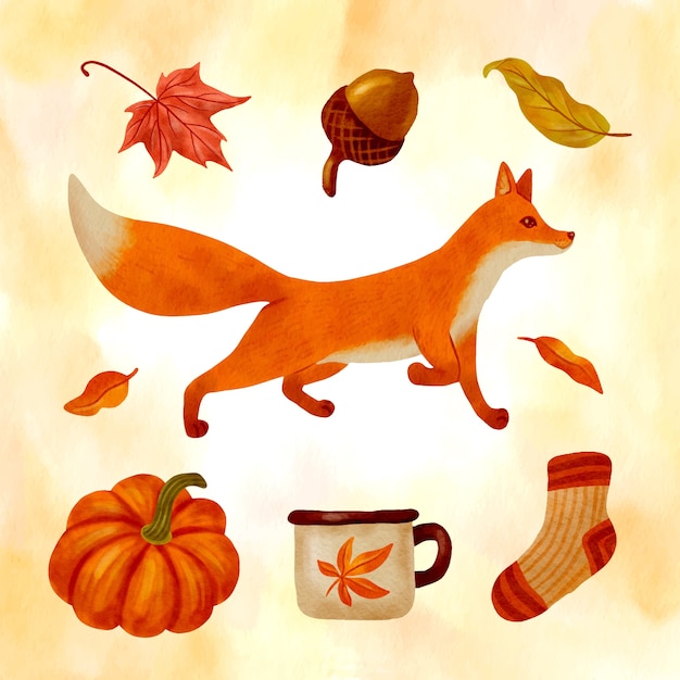 Colección de elementos de acuarela para otoño.