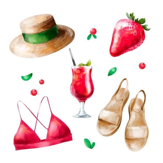 Colección de elementos de acuarela para la temporada de verano.