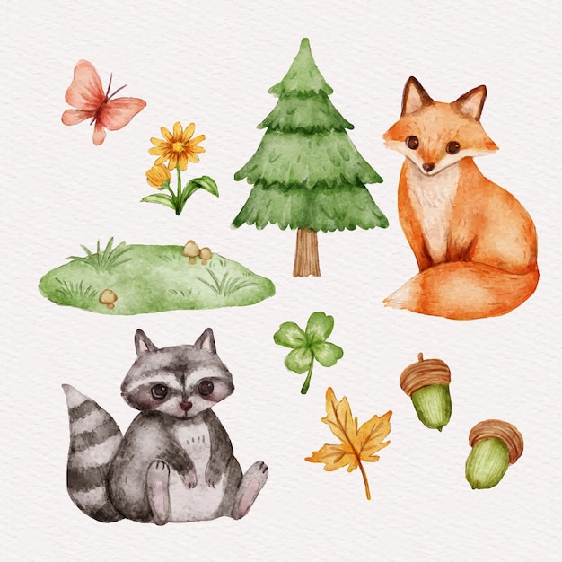 Vector gratuito colección de elementos de animales del bosque de acuarela