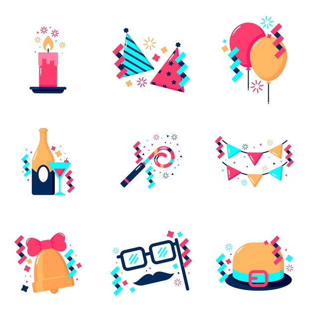 Colección de elementos de año nuevo de diseño plano