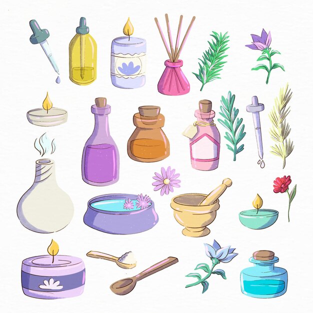 Colección de elementos de aromaterapia dibujados a mano.