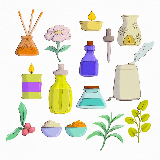 Colección de elementos de aromaterapia dibujados a mano.